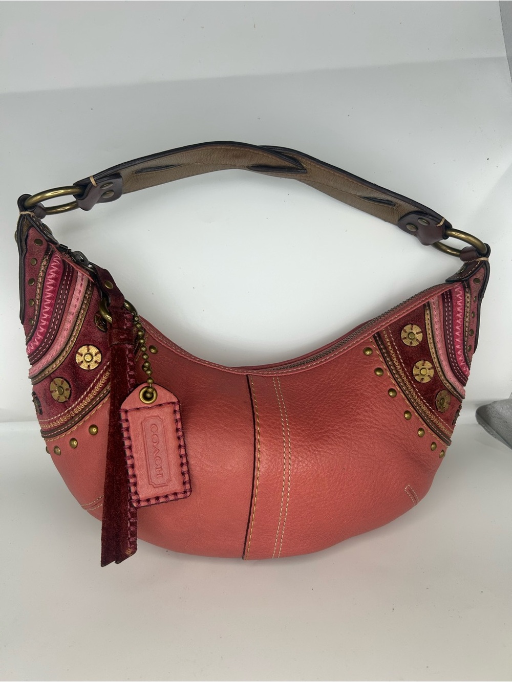 Y2K Coach Coral Pink Leather Shoulder Hobo with Studded Floral Accents
